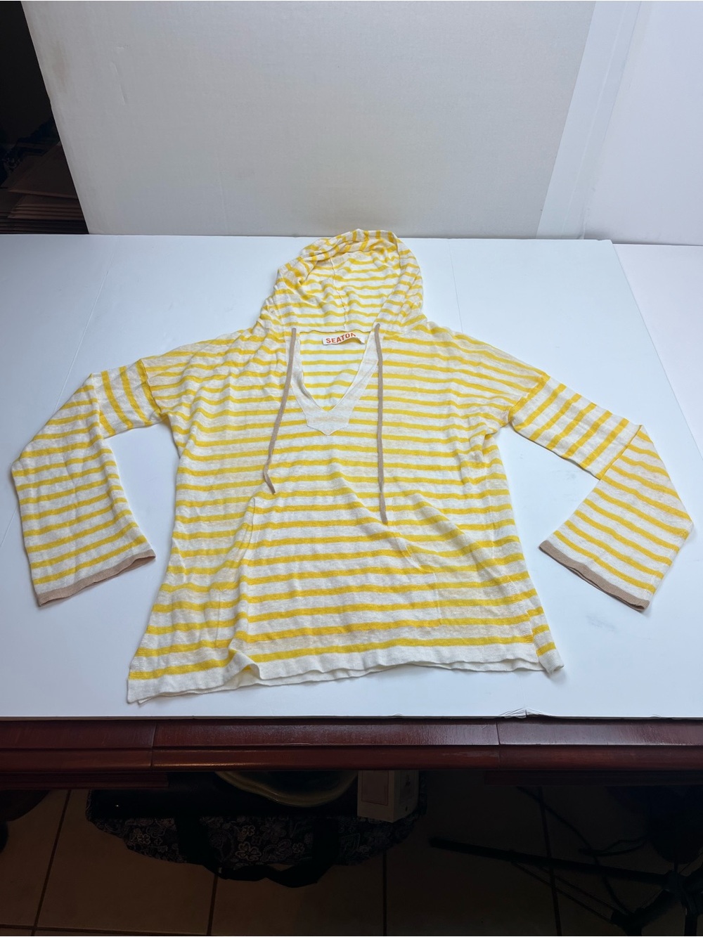 Seaton Yellow White Striped Hooded Top Women's 100% Linen Small *TINY FLAW